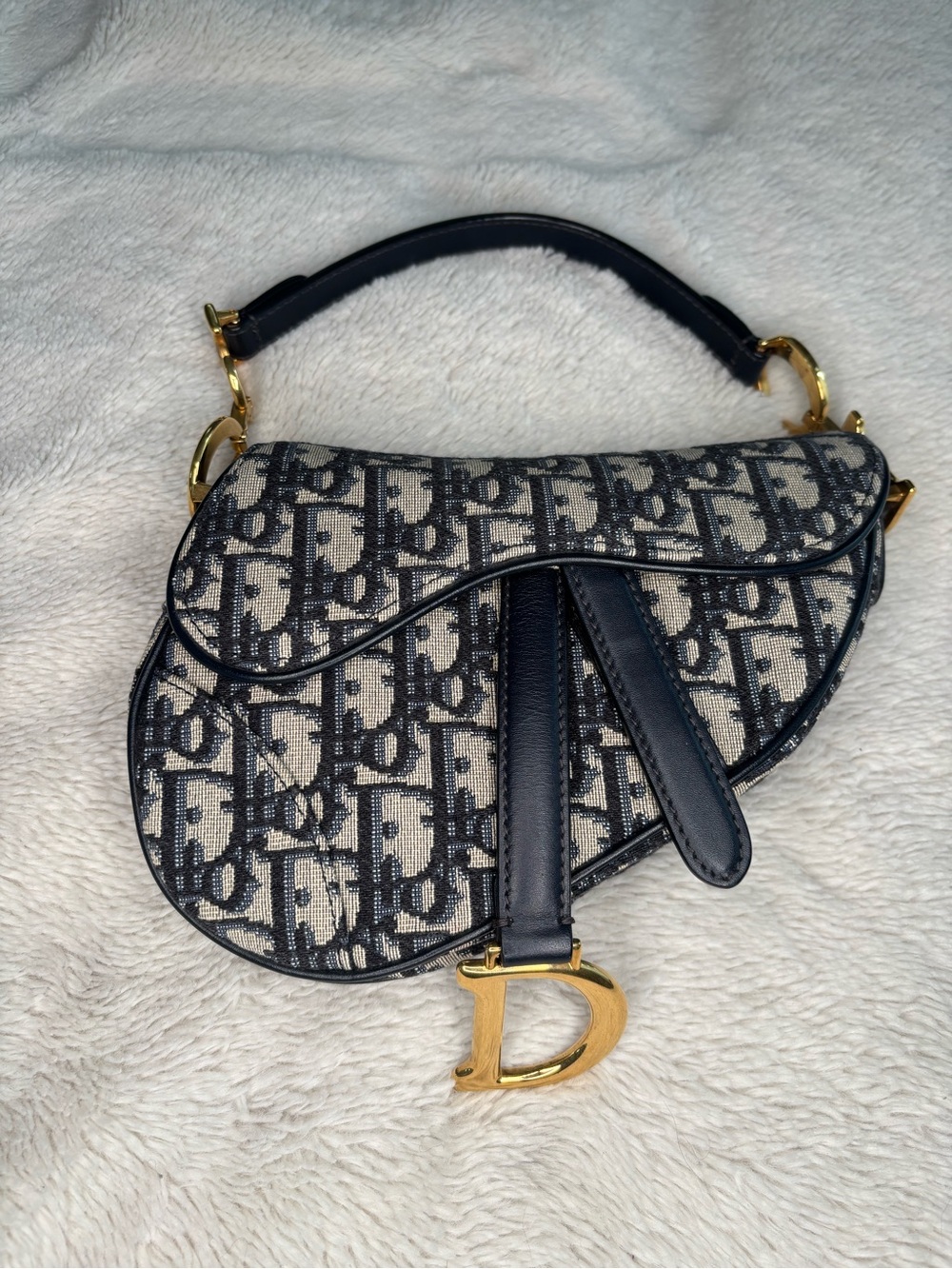 Christian Dior Vintage Oblique Saddle Bag Navy Trotter Monogram Gold Hardware - Picture 2 of 16